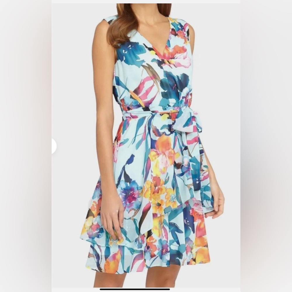 🧵Tahari ASL Belted Pink and Blue Sleeveless layered Sundress.